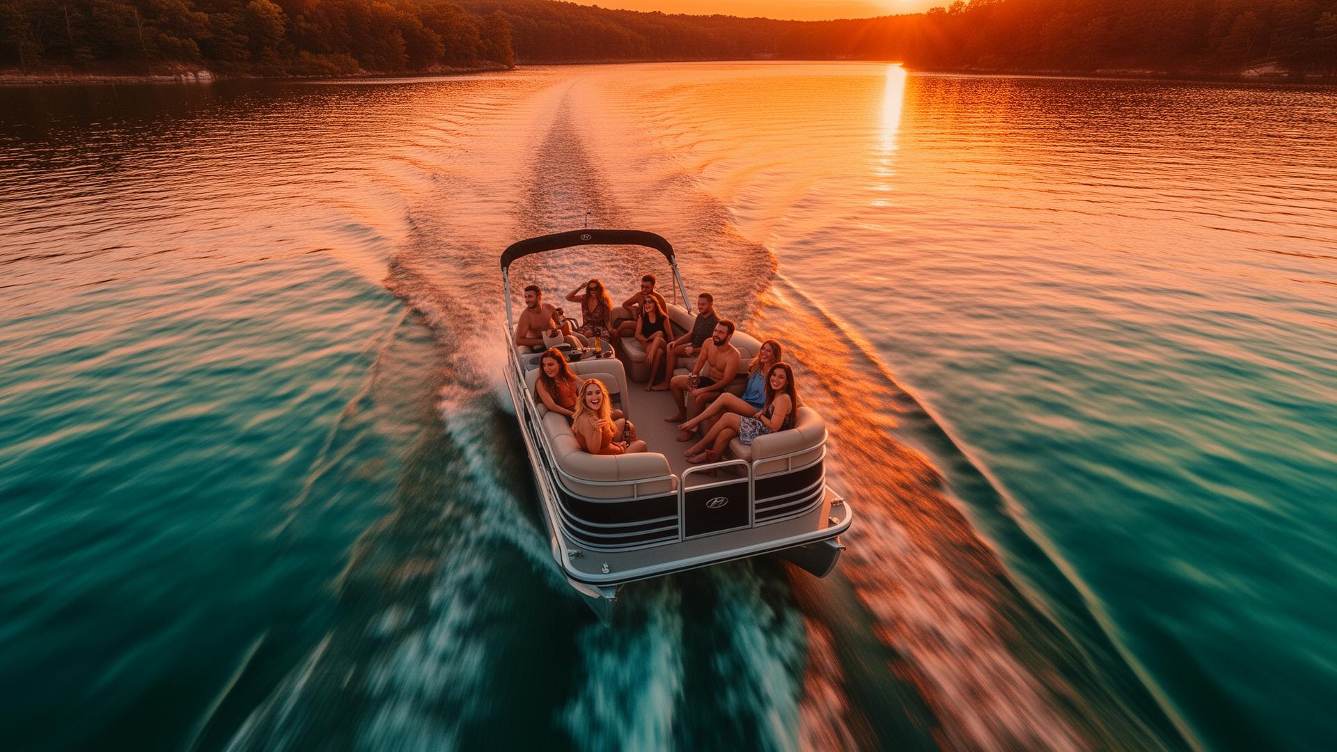 Friends on a pontoon boat at sunset